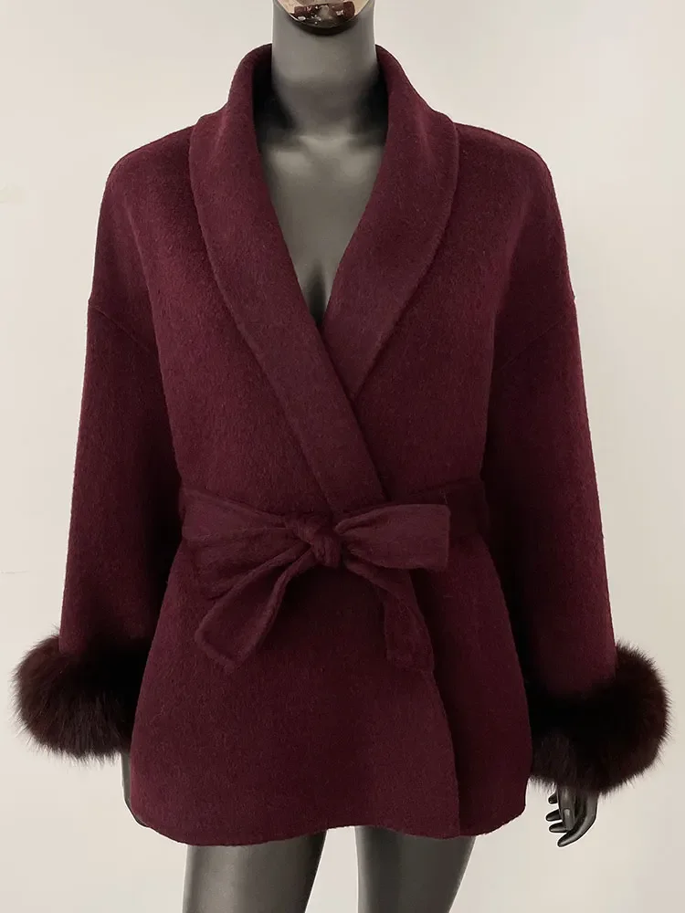 

2024 New Winter Jacket for Women Natural Fox Fur Collar Thickened Warm Cashmere Wool Double-sided Coat Fashion V-neck Commuting