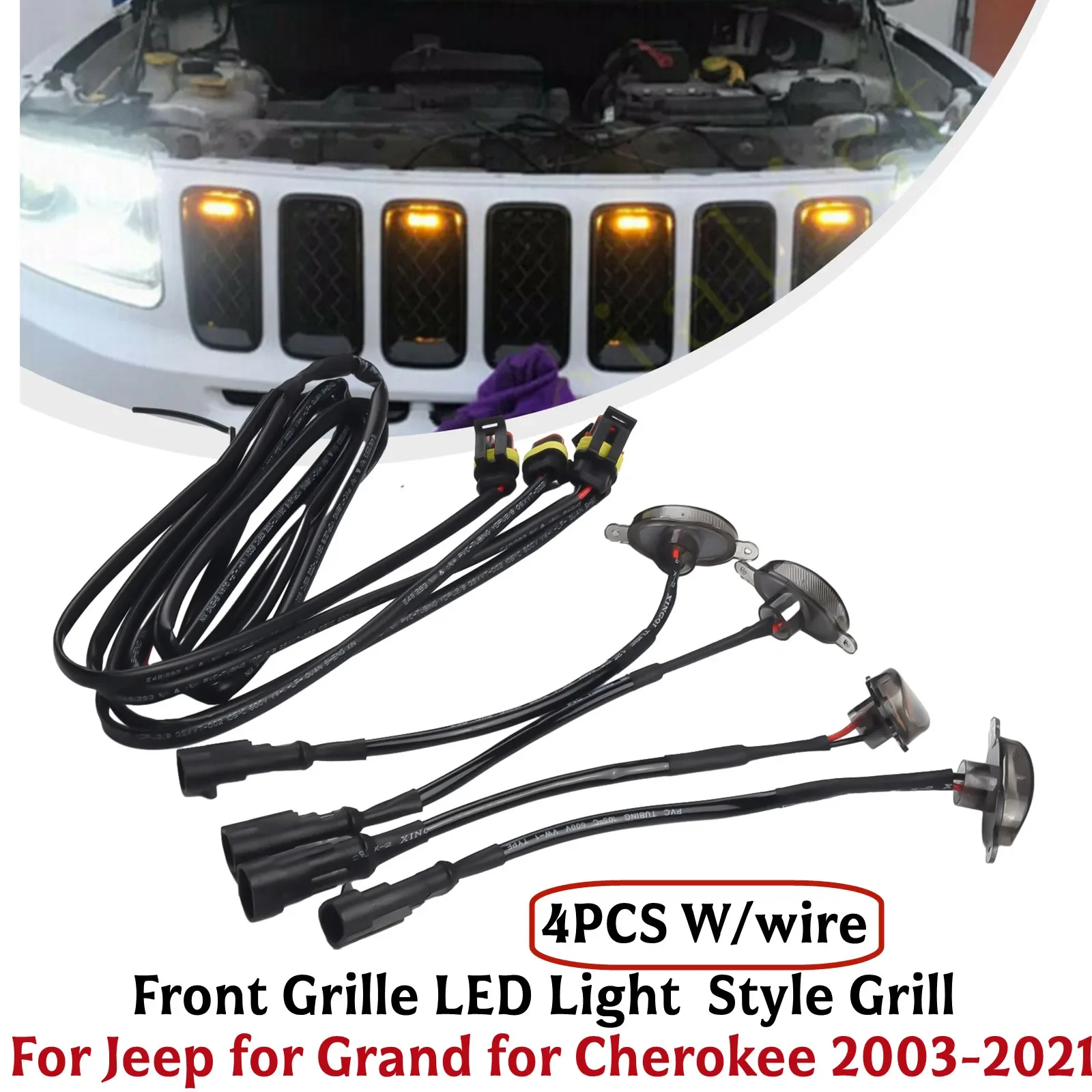 4Pcs Suitable For Jeep Grand Cherokee 2003-2021 Front Grille LED Light Raptor Style Grill LED Light For Four Smoked Shell