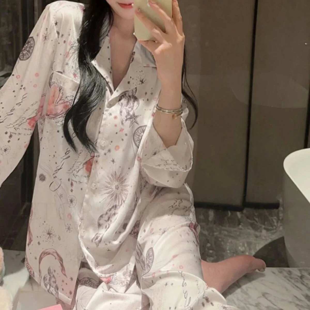 

Women Pajamas Set Long Sleeve Trouser Suits Intimate Lingerie Spring Summer Print Sleepwear Loose Satin Home Clothes Loungewear