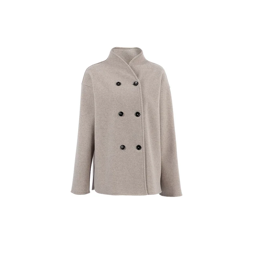 

Single-breasted Lapel Short Jacket Women Loose Woolen Coat Elegant Stand Collar Chest Pockets Outwear Coat Female Outwear