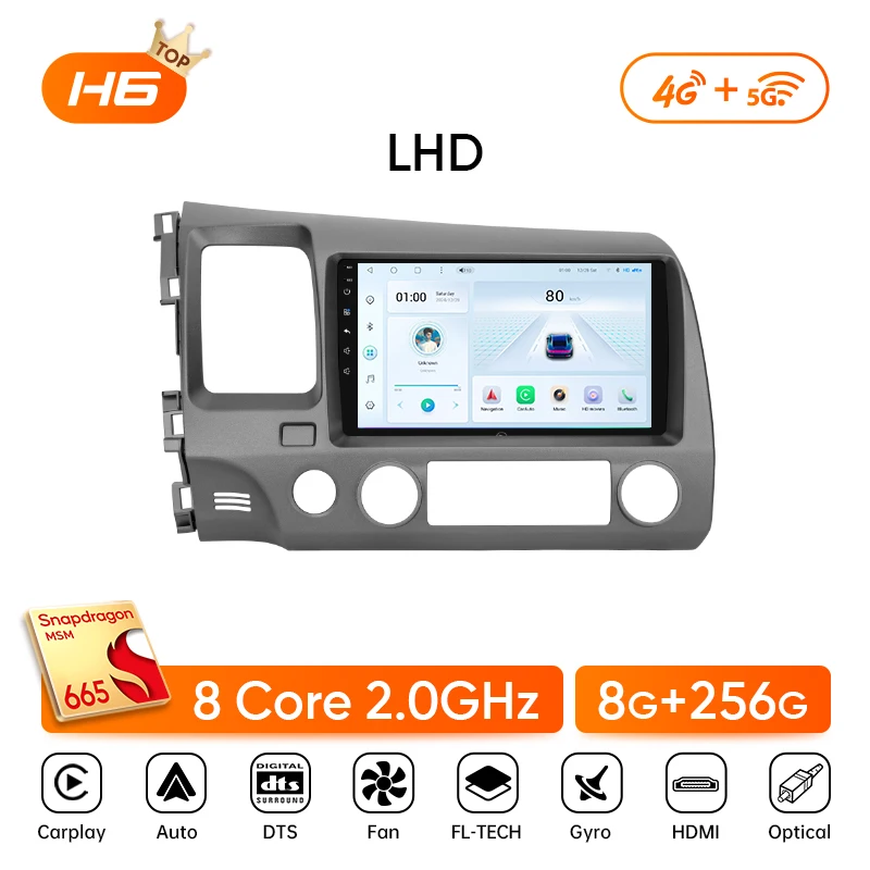 Ainavi autoradio voor Honda Civic 8e generatie (2005-2011) multimedia draadloos CarPlay Android Auto