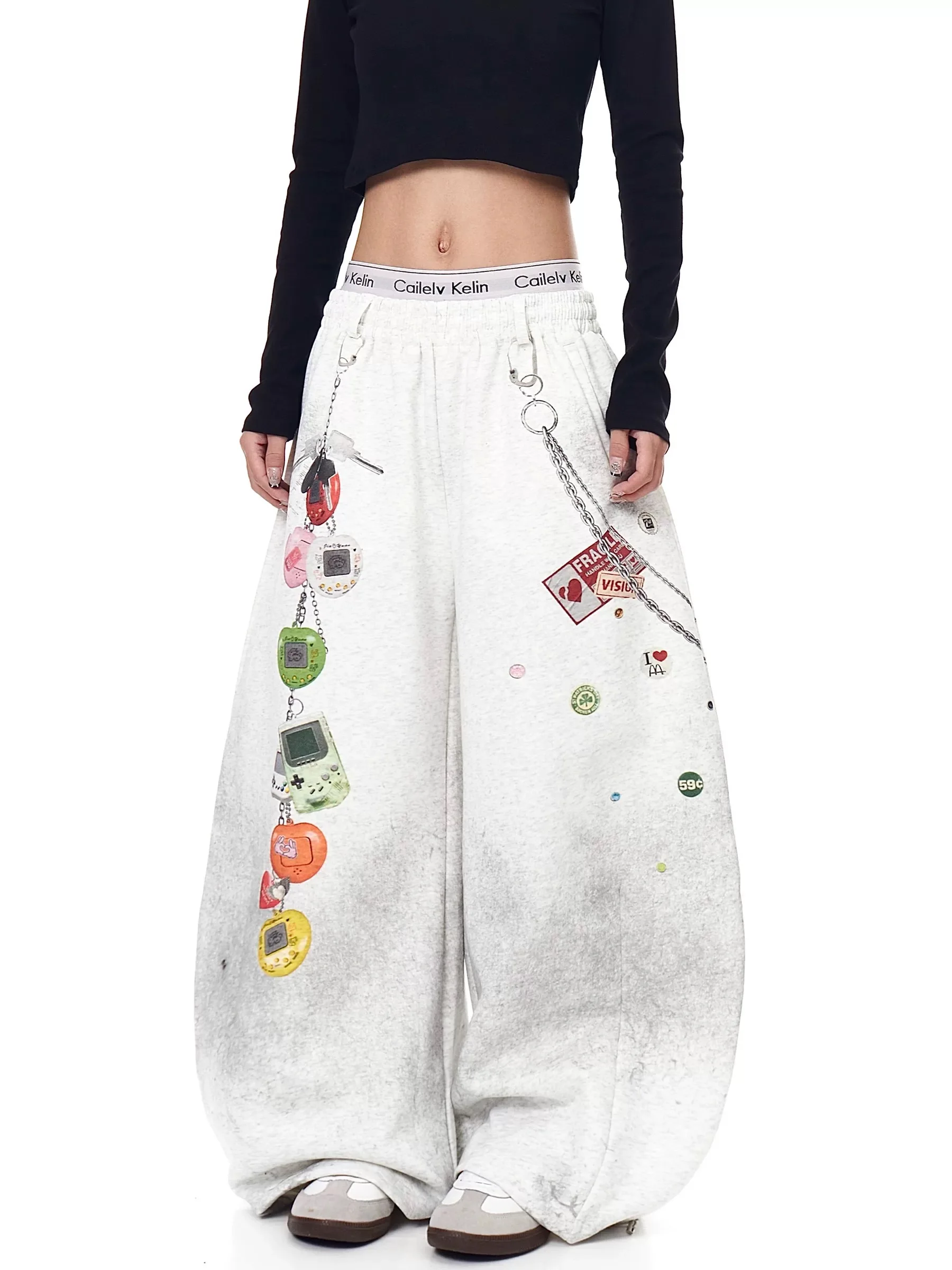 Women's Y2K Retro Game Console Print Baggy Pants - Edgy Wide Leg Streetwear Trousers with Unique Graphic Design Streetwear Japan