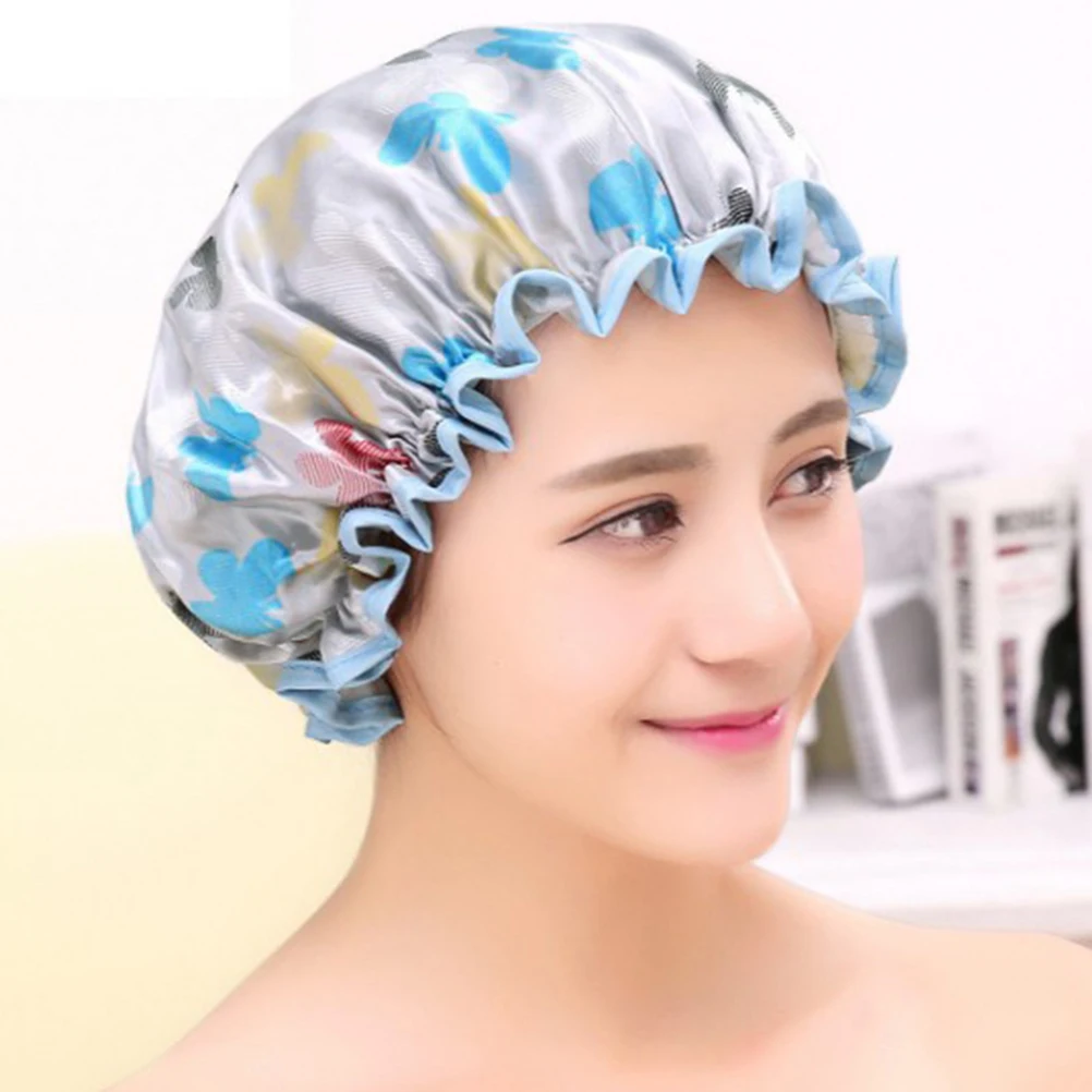 

2pcs Women Shower Satin Printed Waterproof Double Layer Elastic Bathroom Hat Shower (Apricot Colorful + Gray Colorful Butterfly)
