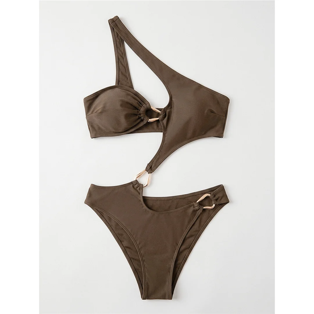 Asymmetrischer One-Shoulder-Badeanzug mit Cut-Outs, Damen-Bademode, weiblicher Badeanzug mit Metallring und hohem Beinausschnitt, Badeanzug, Schwimmanzug V8265 – Detail 4