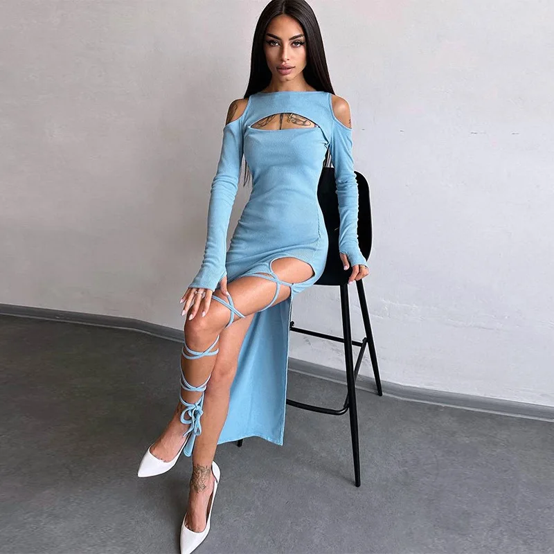 Solid Hollow Out Hole Straps Long Sleeve Lace-Up High Side Slit Maxi Dress Sexy Body-Shaping 2023 Summer for Women Club