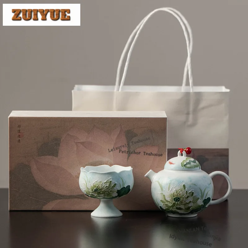 

Hand-painted Lotus Tea Set Complete Set Elegant Tea Ceremony Set Household Tea Maker Teapot And Tea Cup Set Cafes Ornaments Gift