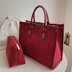 Women Red Tote Bag Larage Capacity Velet Textured Female Handbag Single Shoulder Bags Fashion Classic Solid Wedding Package