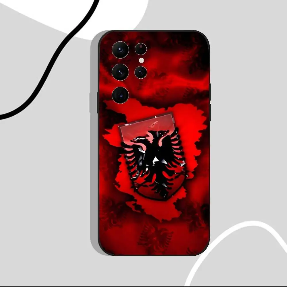 アルバニア国旗柄スマホケース Samsung S25、S24 Ultra、S20、S30 plus、S22 Plus、S23、Ultra 5G対応 シリコン製 ブラックシェル