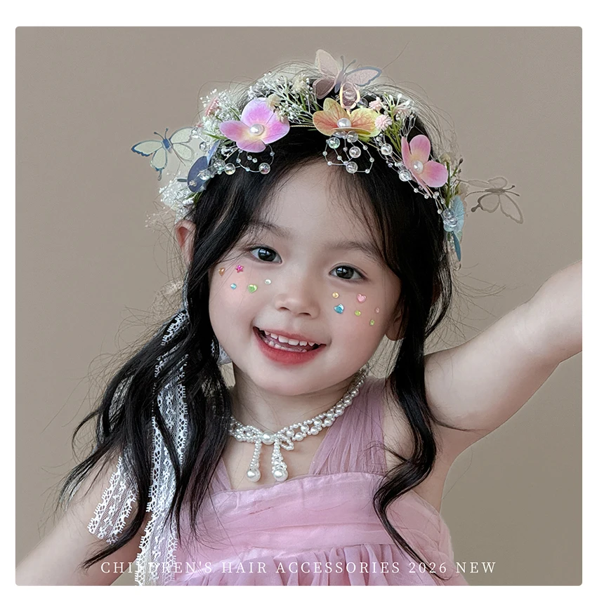 2026 Neues Fairycore Coquette Prinzessinnen-Blumen-Schmetterling-Stirnband Rosa Tüll-Spitze Schleife Strass-Haarband für Mädchen Kleinkinder Kinder – Detail 3