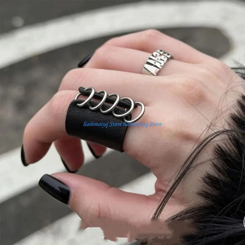 573B Leather Ring Black Texture Accessory for Daily Streetwear Looks