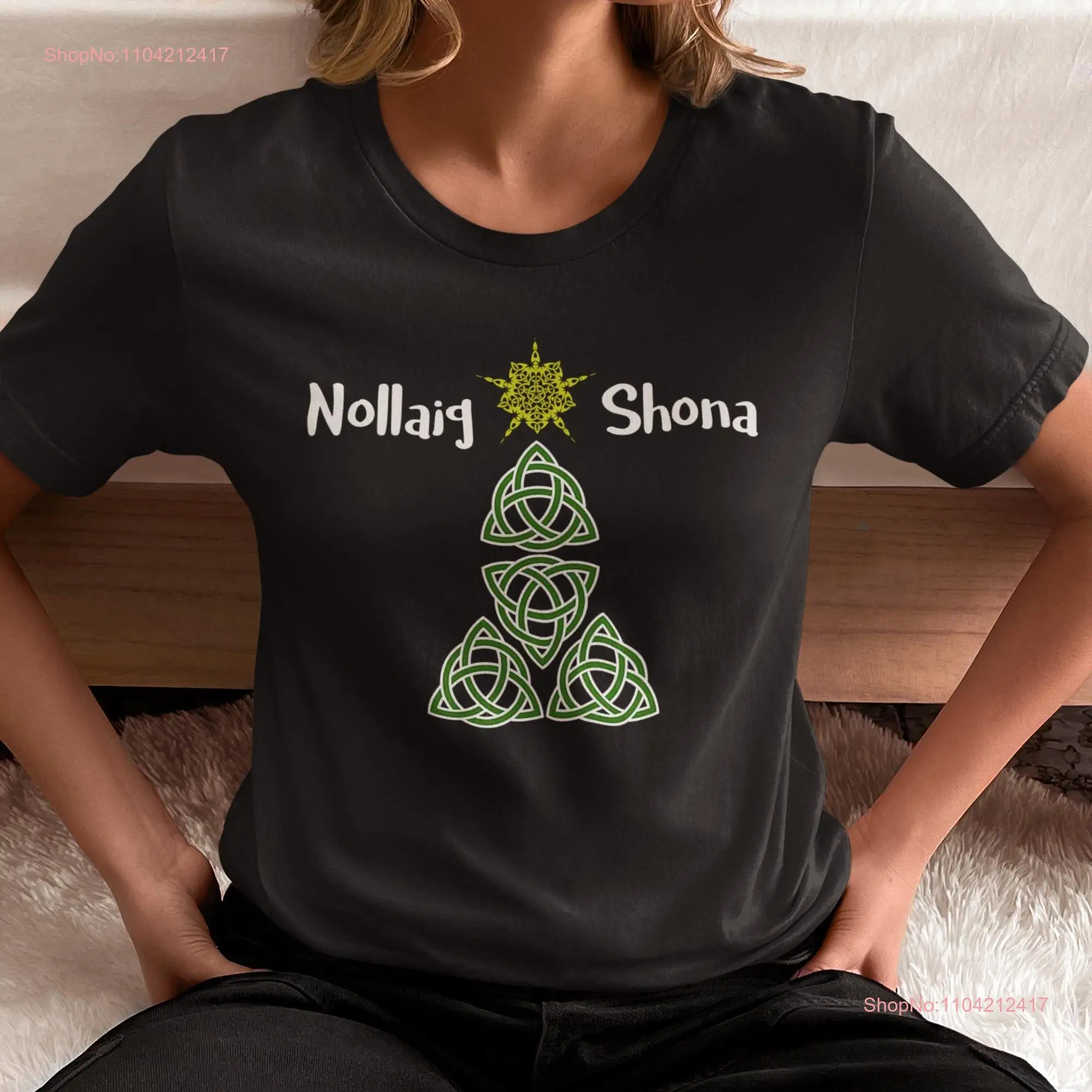 Merry Christmas in Irish As Gaeilge Greeting T shirt Tree Nollaig Shona Styled long or short sleeves