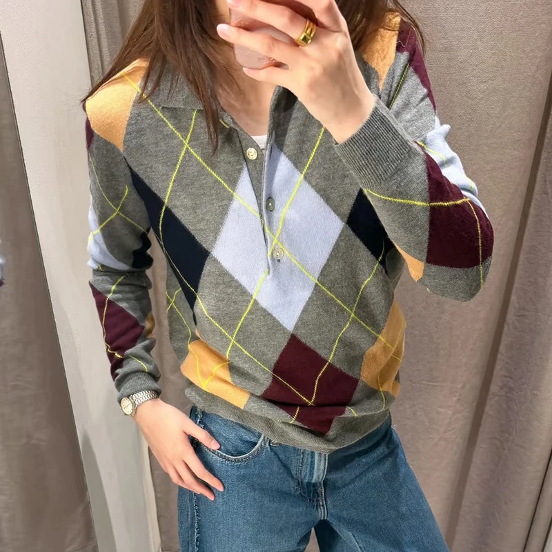 Women's Sweater 2026 New Autumn Winter Diamond Pattern Knit Pullover Top for Women Personality Chic Women Top