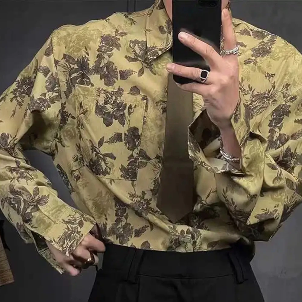 

Mens Shirt Floral Mature Style Shirt American Retro Niche Nightclub Performance Temperament Long-Sleeve Top Men'S Clothing 2024