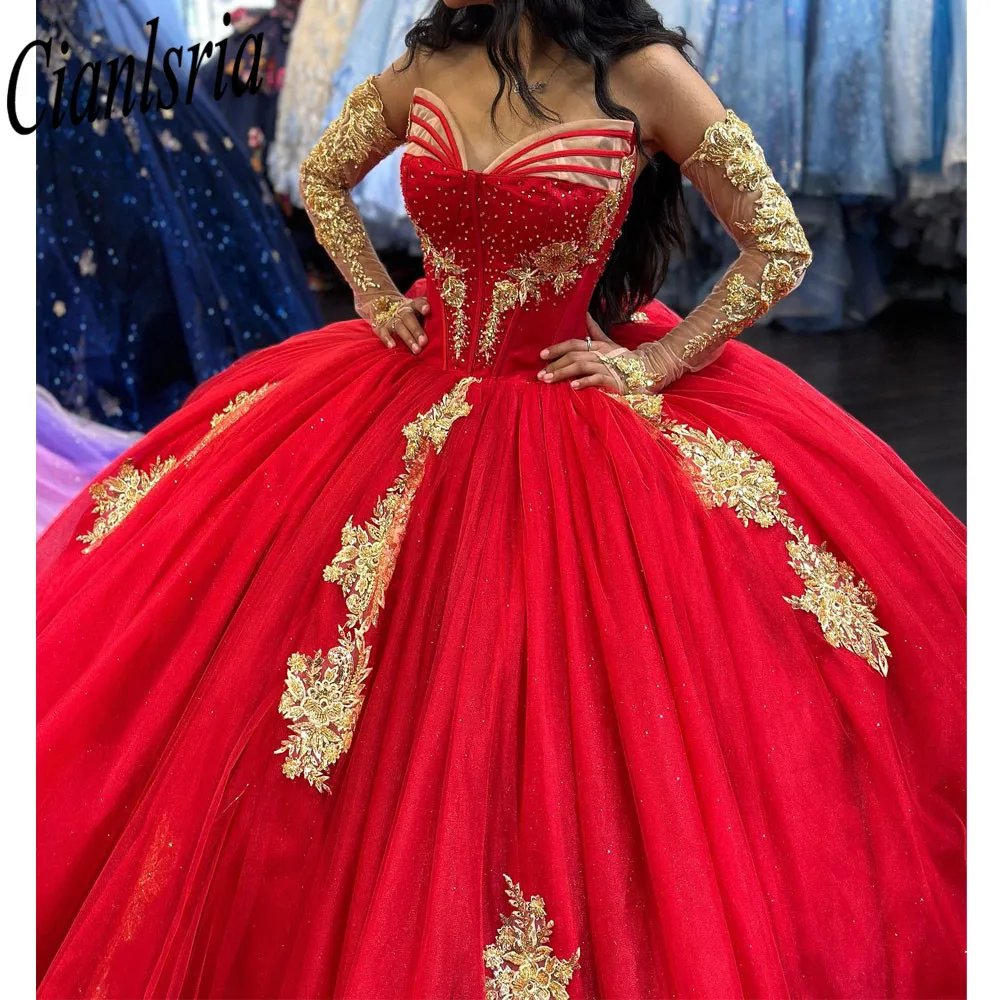 Gorgeous  Red  Quinceanera Dresses Gold Applique Ball Gown Princess Birthday Party Sweet 16 vestidos de 15