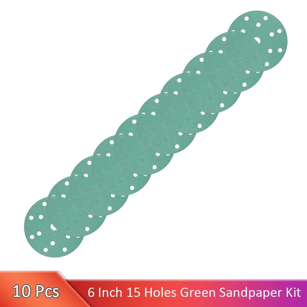 10 Pcs 6 Inch 15 Holes Green Film Hook & Loop Wet Dry  Sanding Discs for Wood Metal Polishing Use