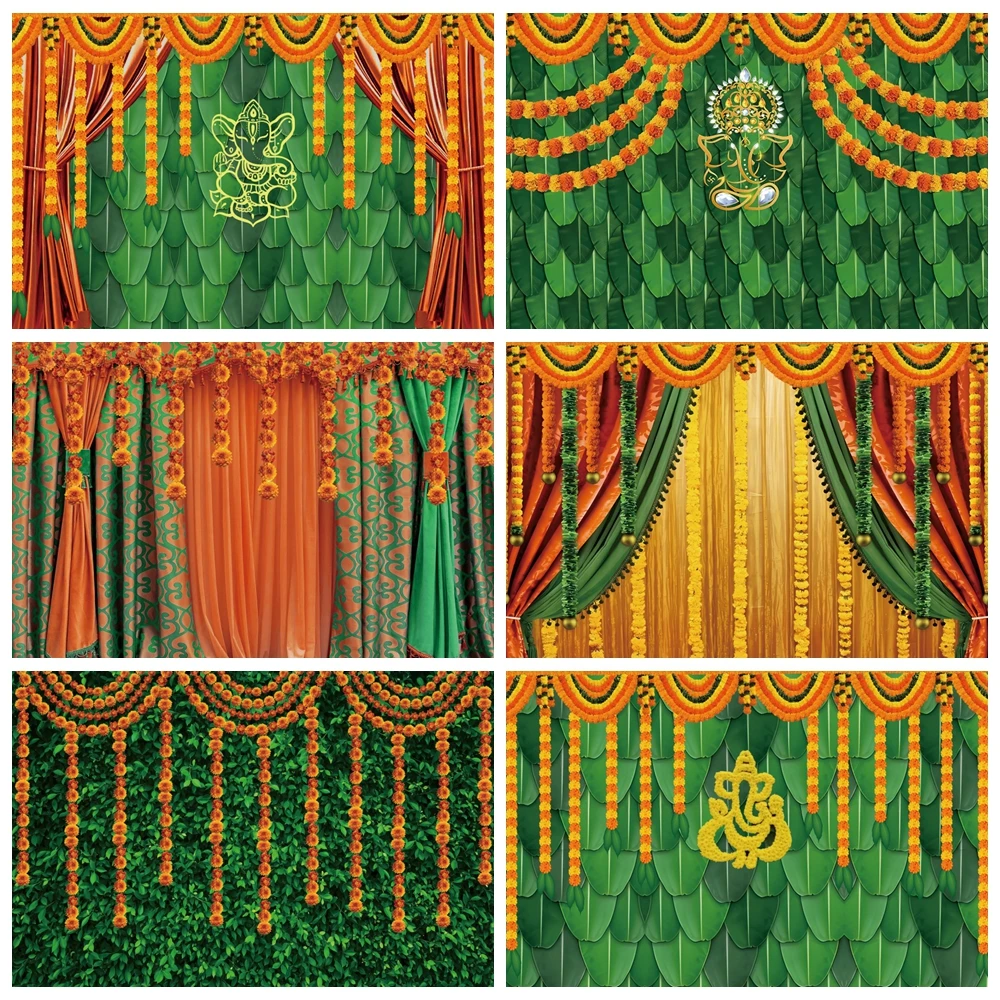 

India Pooja Traditional Backdrop for Photography Marigold Green Banana Leaf Chatiya Ganesh Background Puja Ganpati Wedding Party