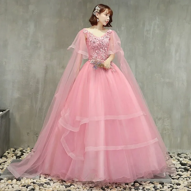 2026 New Women's Banquet Slimming Embroidered V-neck Evening Dress Fashion Mesh Voice Stage Host Party Sweet Big Swing Dress
