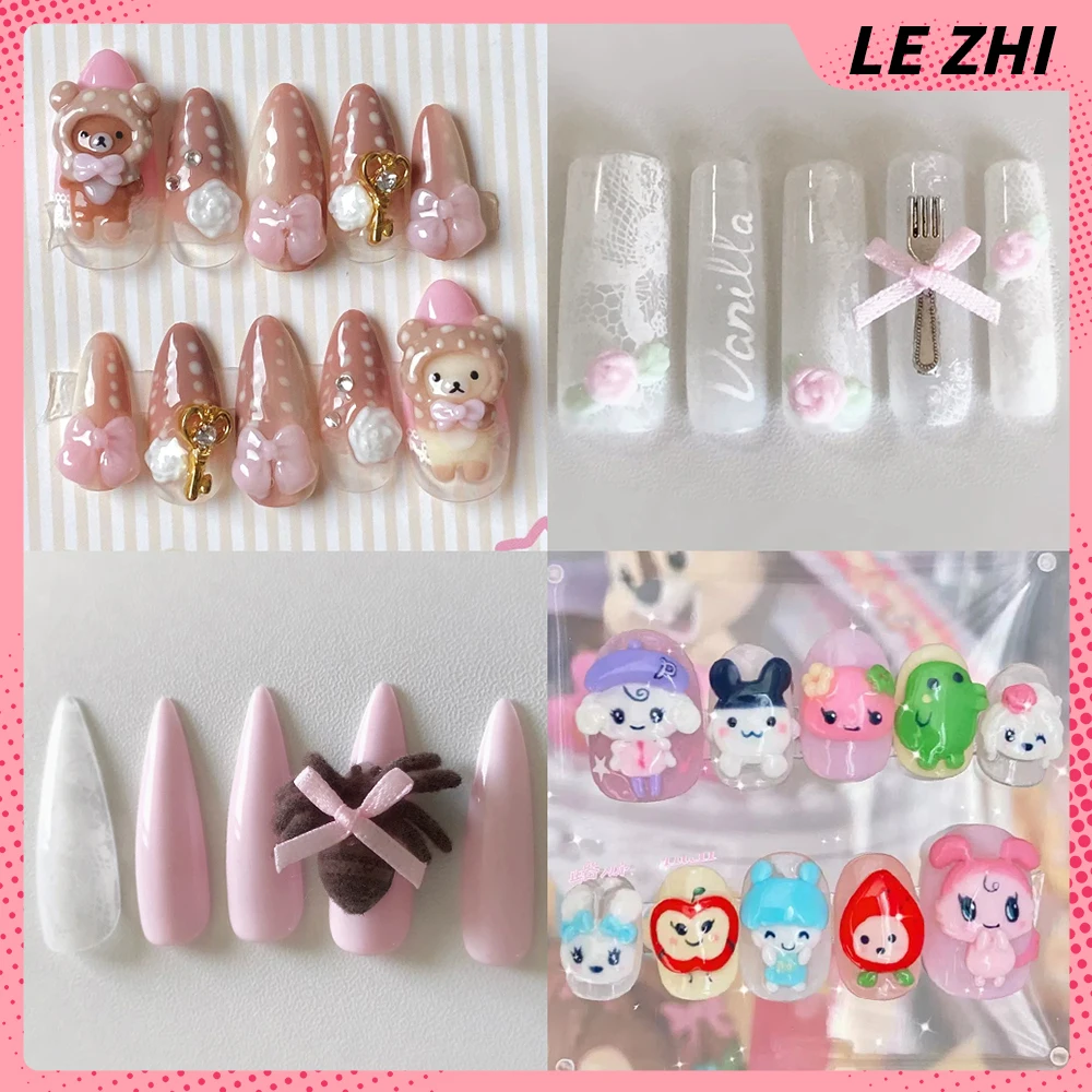 

Sweet Cute Anime Rilakkuma Handmade Short Nail Party Sticker Ice Cream Dessert Bowknot Flower Stars Pearl Reusable Press On Nail