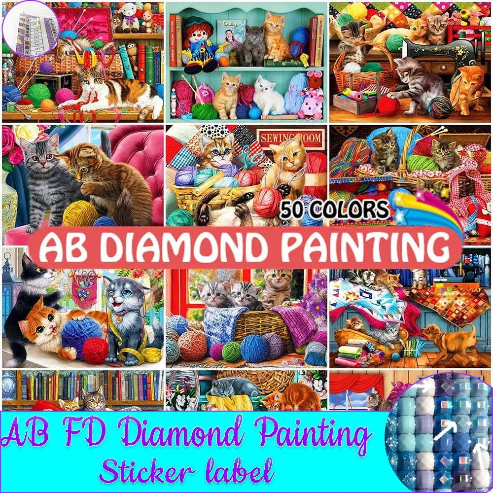 

Diamond Painting 50 Colors 5D Diy Cat Ball Of Yarn AB Embroidery Animal Cartoon Rhinestone Mosaic Pictures Wall Sticker Decor