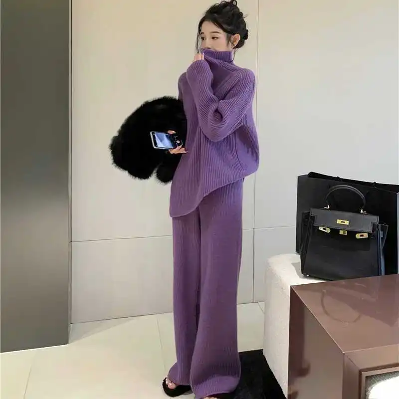 

Purple Turtleneck Knit Suit Women's New Autumn Winter Thickened Fashion Senior Sense Sweater Wide Leg Pants Two-piece Set Tide