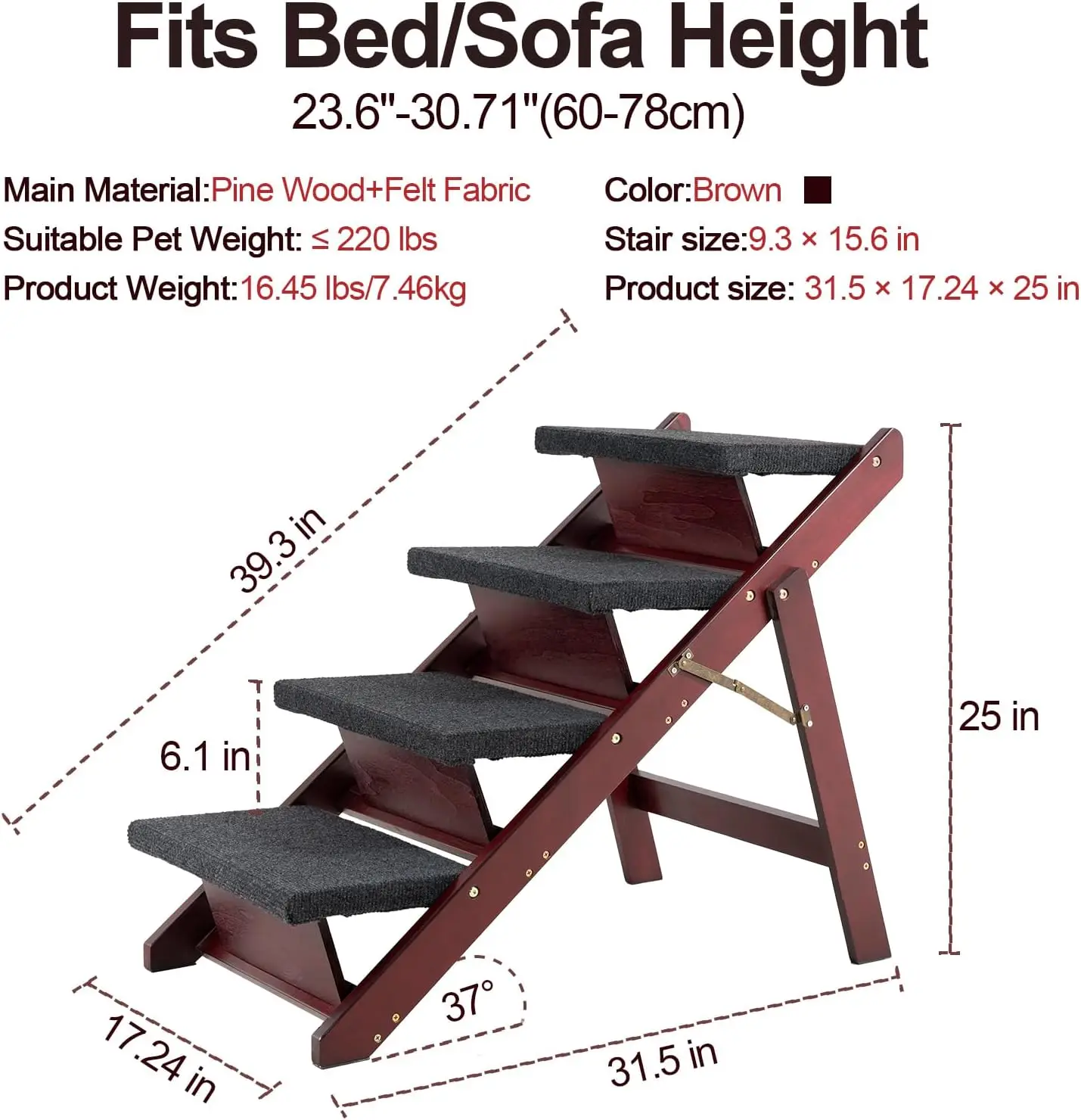 Wooden Pet Stairs/Pet Steps - 3-in-1 Foldable Stairs & Ramp for Tall Beds and Cars - Portable Dog/Cat Ladder Up to 220 Pounds -