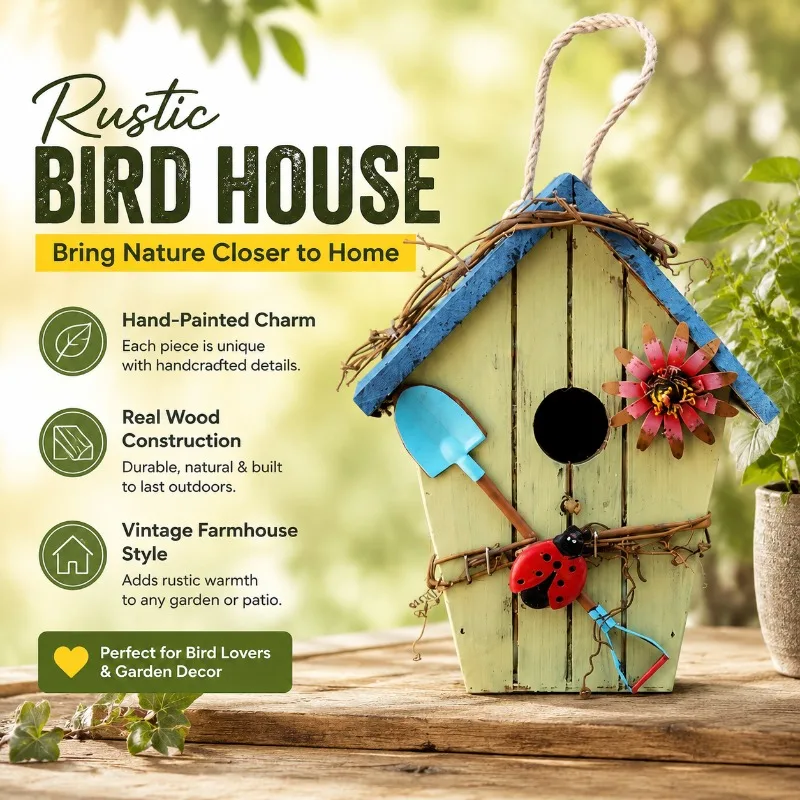 

Rustic Wooden Bird House Decoration, Hanging Outdoor Ornament, Real Wood & Jute Rope, Vintage Farmhouse Style, Hand-Painted