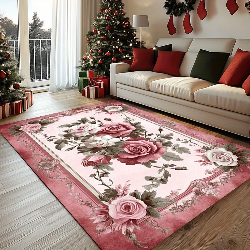 

Large vintage pink floral Christmas rug: crystal velvet, soft, decor