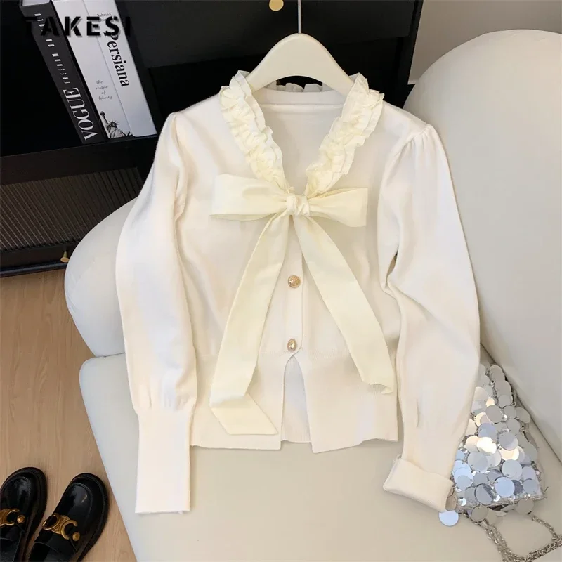 French Style Turn Down Collar Elegant Luxury White Blouses 2023 Winter Women Office Lady Long Sleeve Bow Lace-up Shirts Top