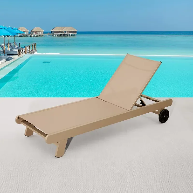 Tumbonas Modernas de Aluminio para Jardín, Color Marrón, con Ruedas Grandes, para Exteriores y Piscina, con Tapicería Teslin