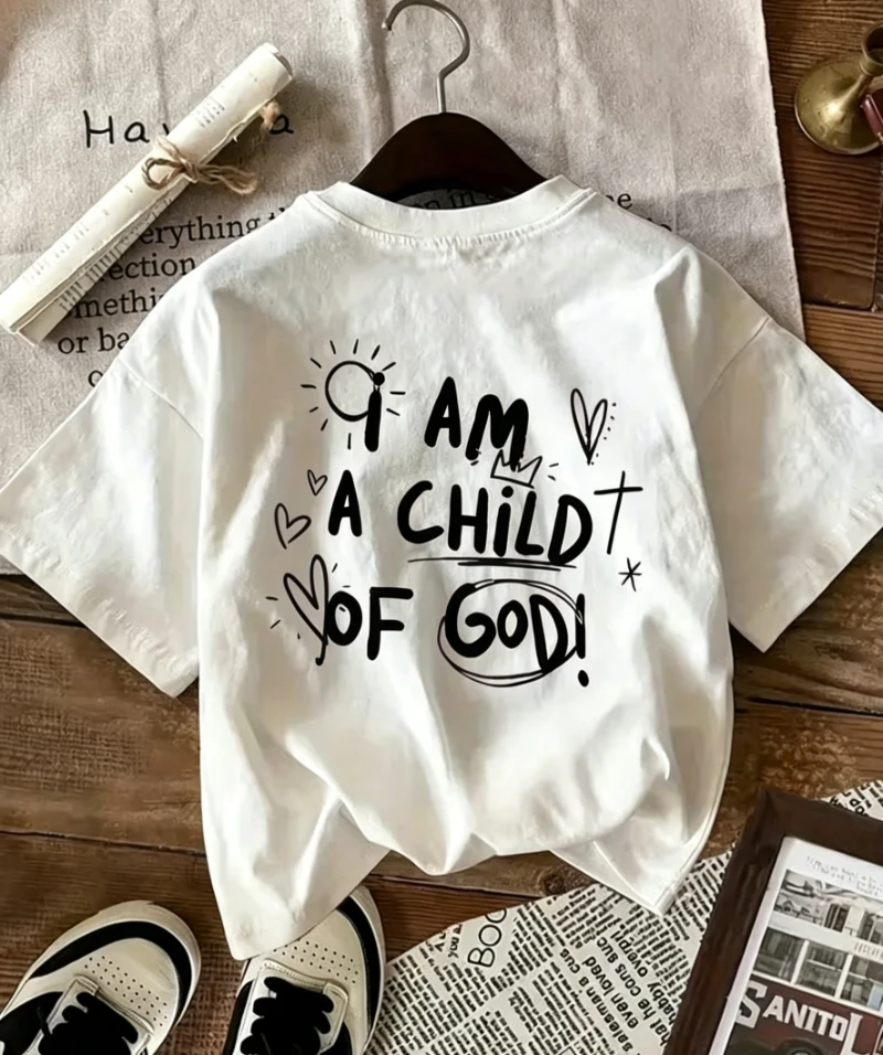 T-Shirt mit Aufdruck „I am Child Of God“, handgeschriebene christliche Grafik, kurzärmelige Oberteile für Damen, lässig, locker, Streetwear, Alltagskleidung – Detail 3