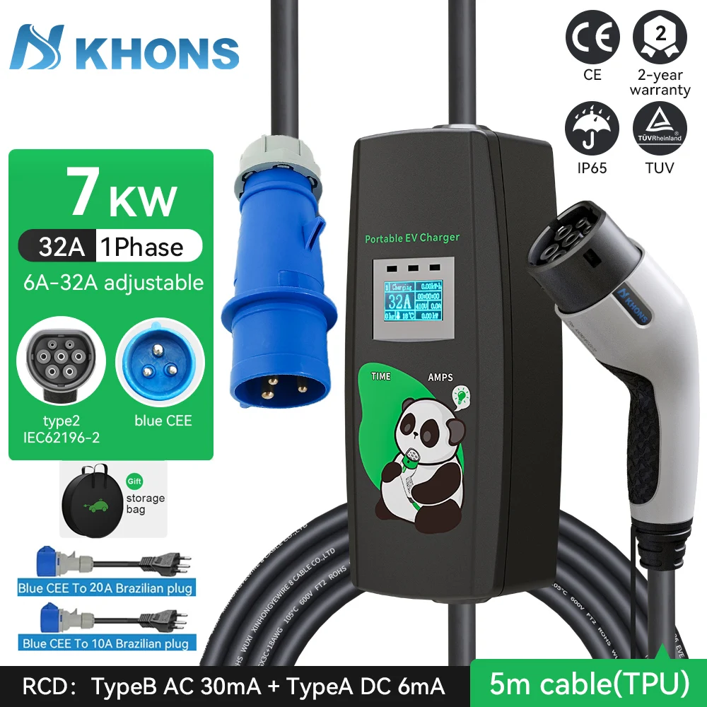 Khons 7kw Electric Vehicle Charger 32A Single-Phase EV Portable