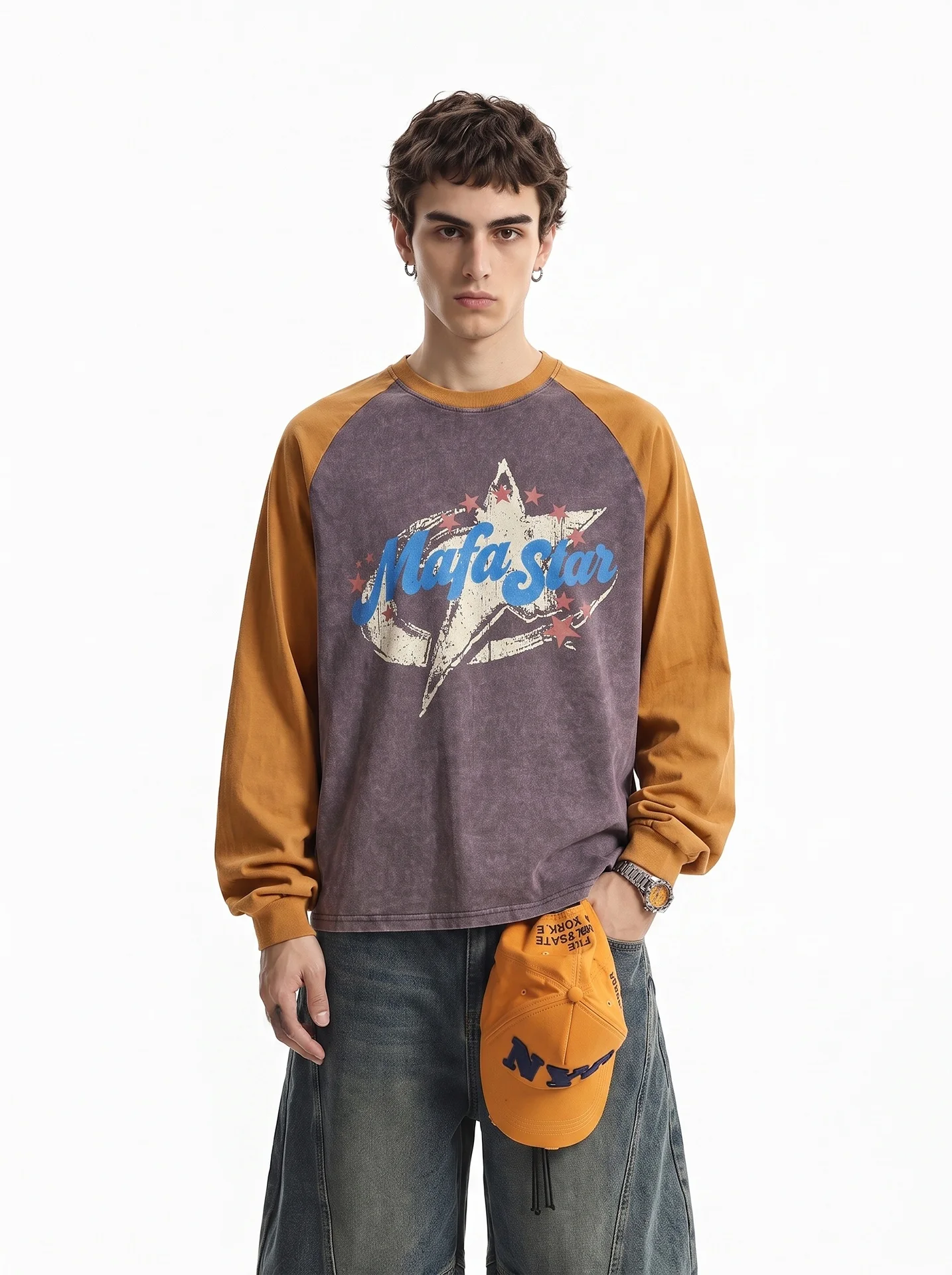 BETEBULE American High Street Vintage Print Color Block Long Sleeve T-Shirt Men's Autumn Loose Fashionable Casual Shirt