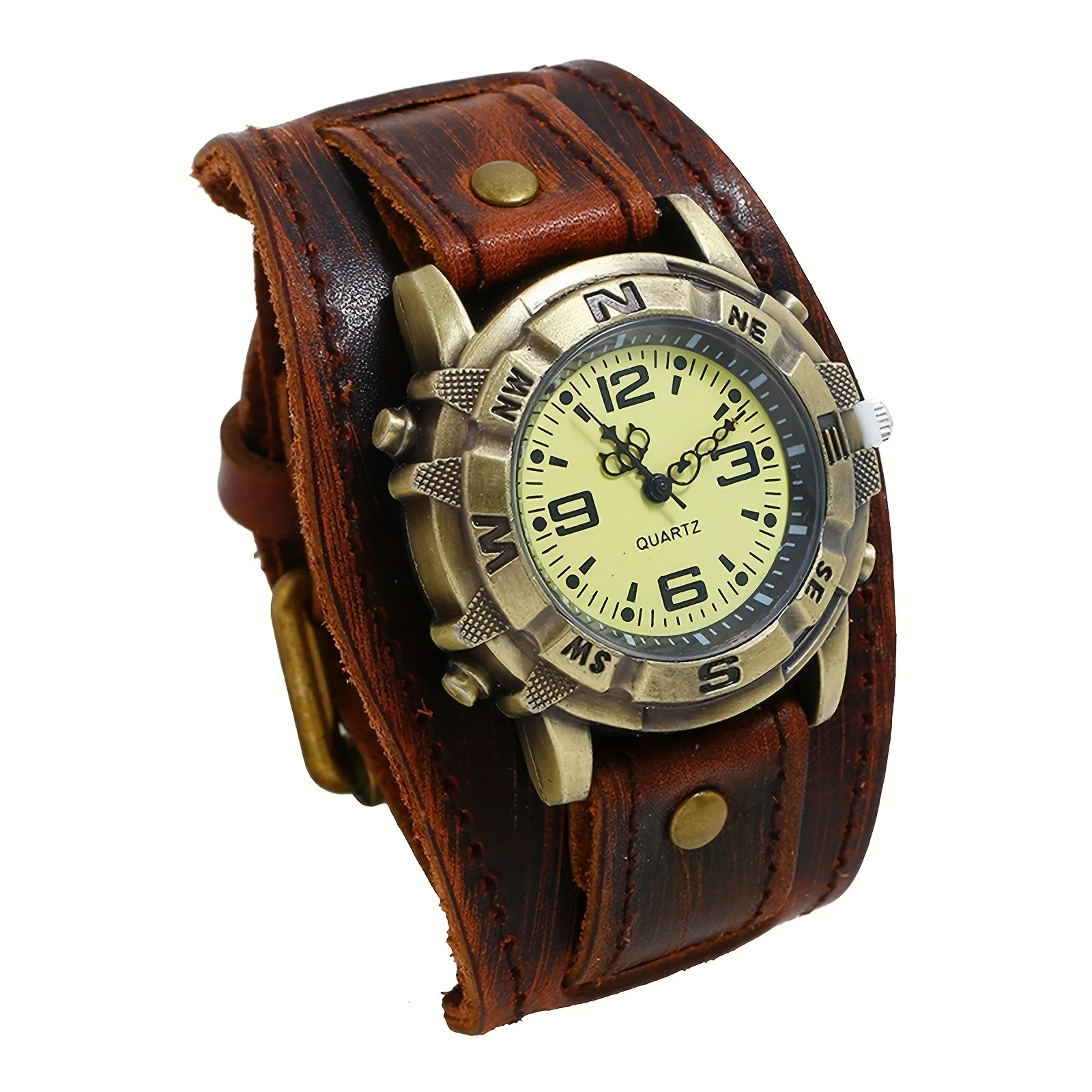 【 Halloween 】 1pcs Simulated Quartz Steampunk Halloween Genuine Leather Watch for Men, Dark Brown