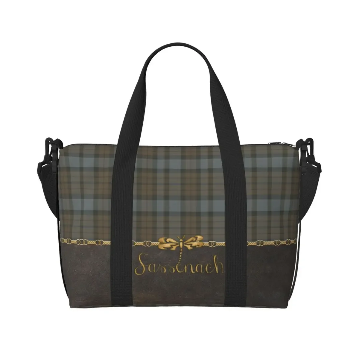 Leather And Tartan Sassenach Dragonfly Pattern Tote Bag Large Capacity Modern Plaid Check Texture Gym Beach Travel Bags