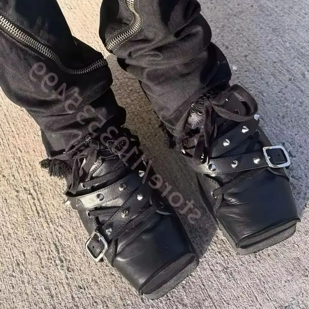 Black Platform Square-Toe Derby Shoes 2026 Summer Studded Buckle Casual Men's Shoes Street Style Punk Fashion Lace-Up Sneakers