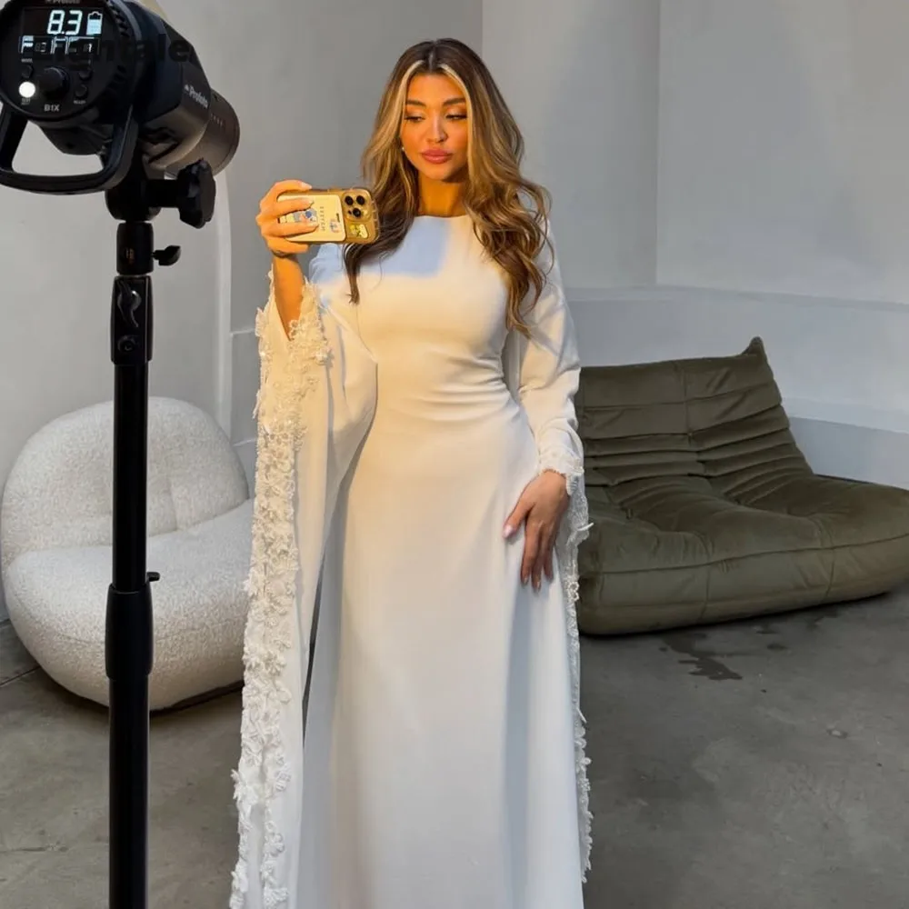 

Eightale Arabic Wedding Dress O-Neck Lace Customized Ivory Long Sleeves Muslim Mermaid Bridal Gown Bride Party Dress