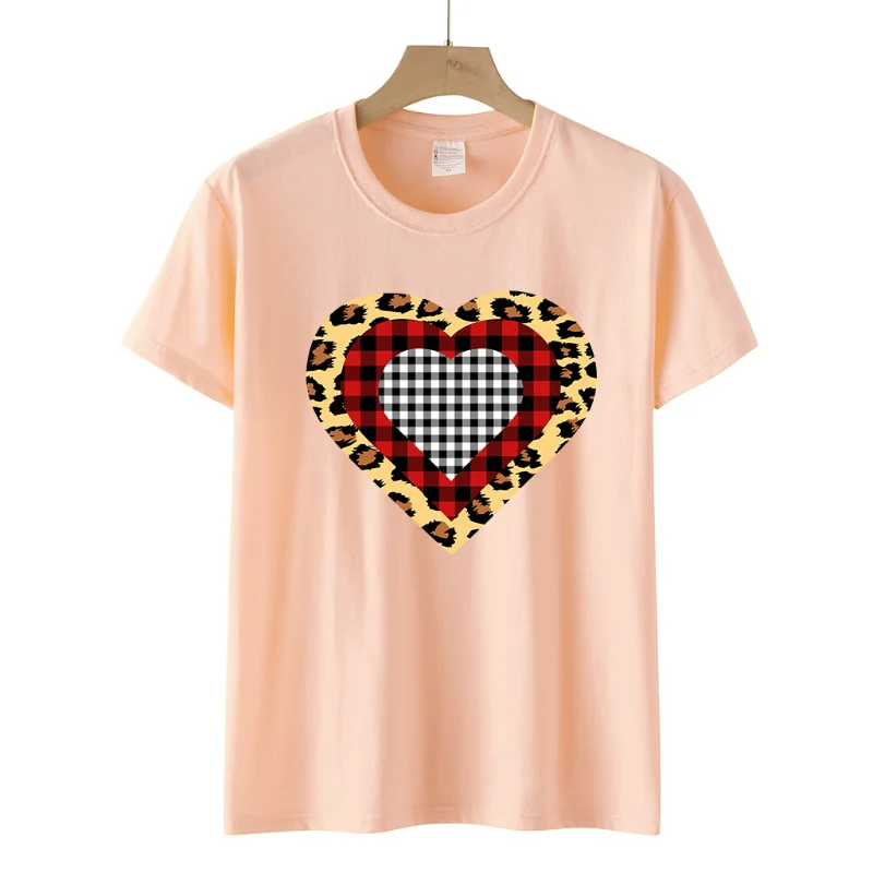 عيد الحب ليوبارد طباعة القلب نمط مطبوعة عارضة السترة قصيرة الأكمام المرأة تي شيرت الجرافيك تي شيرت