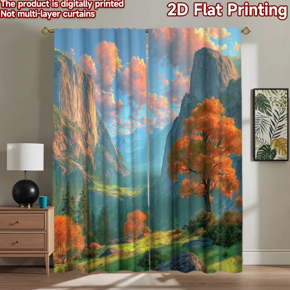 2D flat printing 2pcs Party Curtain Autumn Yosemite Mountains Nature Digital Printed Polyester Drapes All Season Party & Holiday