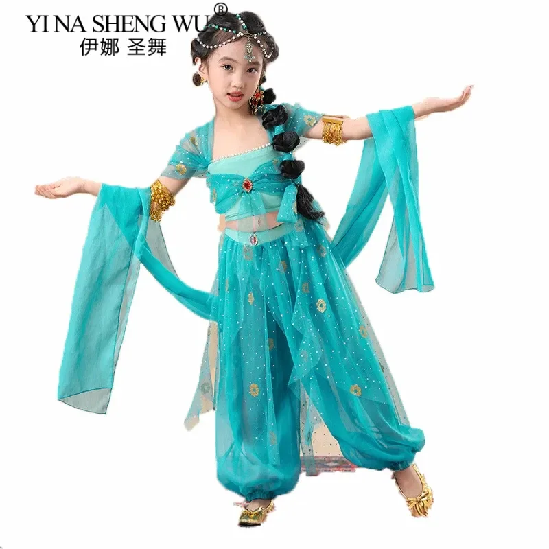 Girl's Indian Sari Princess Belly Dance Costume Set Kid Party Stage Performance Arabic Bollywood Dancewear Halloween Fantasy Sui