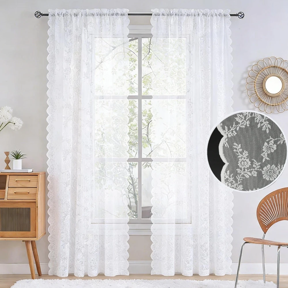 BLACK/WHITE Floral Lace Sheer Rod Pocket Curtain Panel Privacy & Light Filtering Machine Washable Bedroom Home Decor