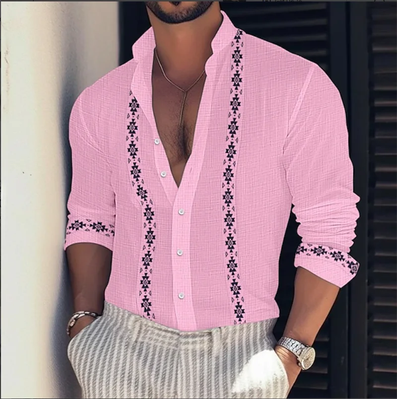 

Men's Linen Long Sleeve Shirt Hawaiian Holiday 3D Printing Comfortable Casual Striped Folding Shirt Hot Sale New