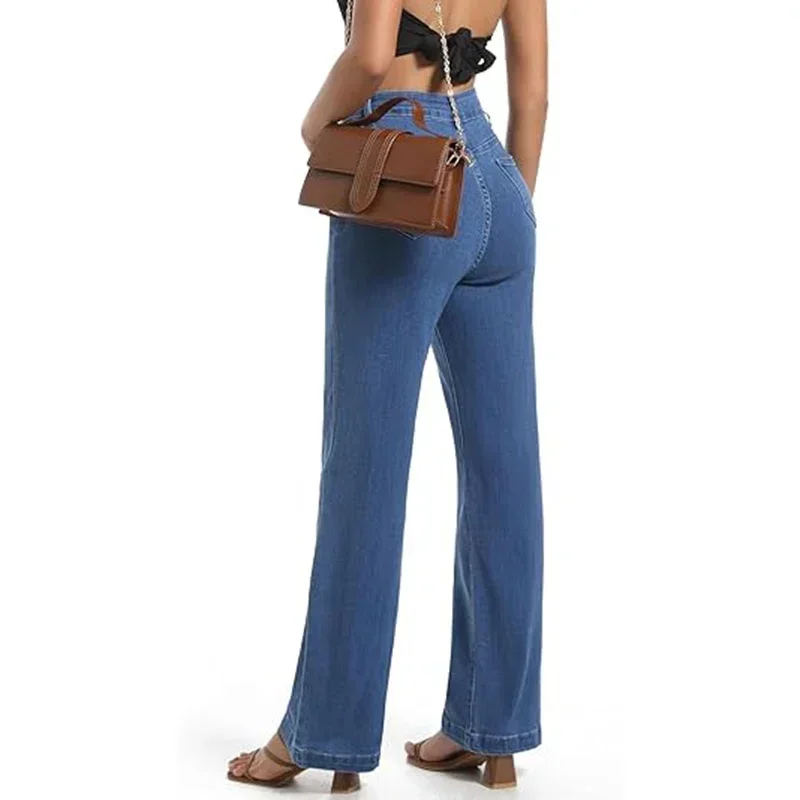 2025 Nuove donne Solid Basic Jeans a gamba dritta Ragazze Retro Casual Pantaloni in denim a vita alta Lady Classic Designer Pantaloni larghi