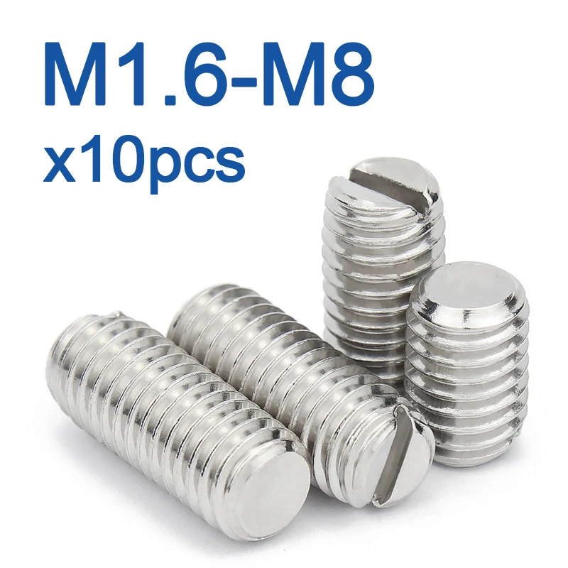 10pcs/lot Stainless steel slotted set screw with flat point  M1.6 M2 M2.5 M3 M4 M5 M6 M8 DIN551