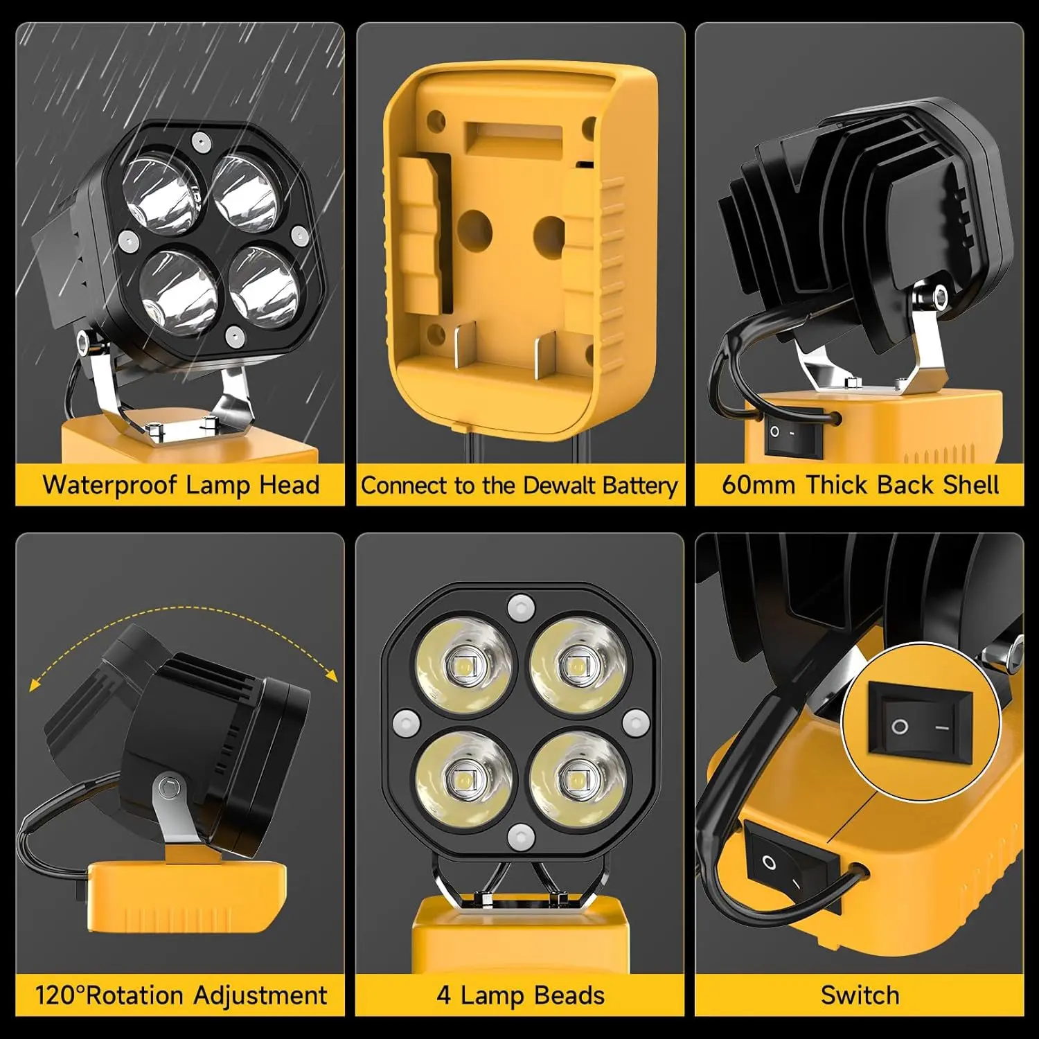 Imagem -03 - Luz de Trabalho sem Fio para Dewalt Lanterna Luz de Inundação 120 ° Ajustável 40w 6000lm Bateria 20v