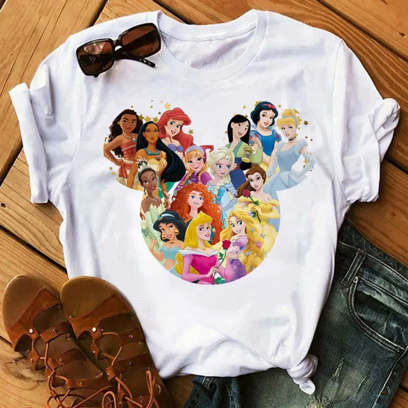 Disney Cartoon Cute Princess Women T-shirt Kawaii Graphic Short Sleeve T Shirt 2024 Summer Streetwear Print Y2k Clothing Tops