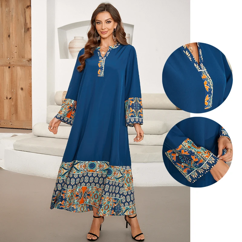 

Printed Chiffon V-neck Elegant Bohemian Dresses Patchwork Long Sleeved Dress Middle Eastern Loose Women Fall Pullovers Clothes