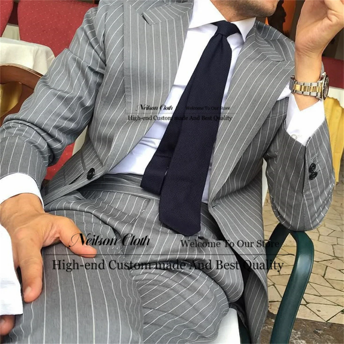 

Formal Grey Male Prom Blazers 2 Pieces Sets Stripe Single Breasted Groom Wedding Tuxedos Customized Peaked Lapel Costume Homme