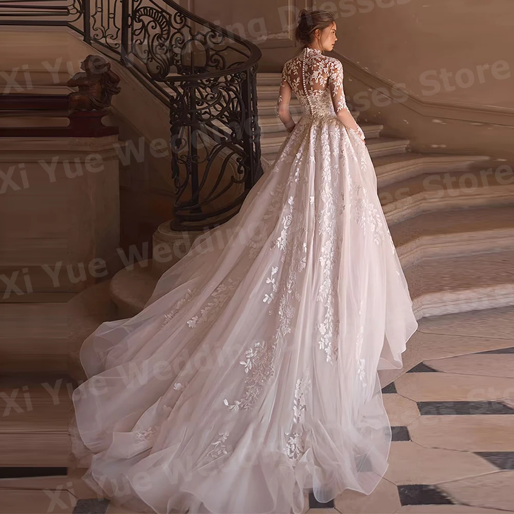 Robe De Mariée luxueuse ligne A en dentelle pour femmes, avec des Appliques, manches longues, personnalisée, 2026