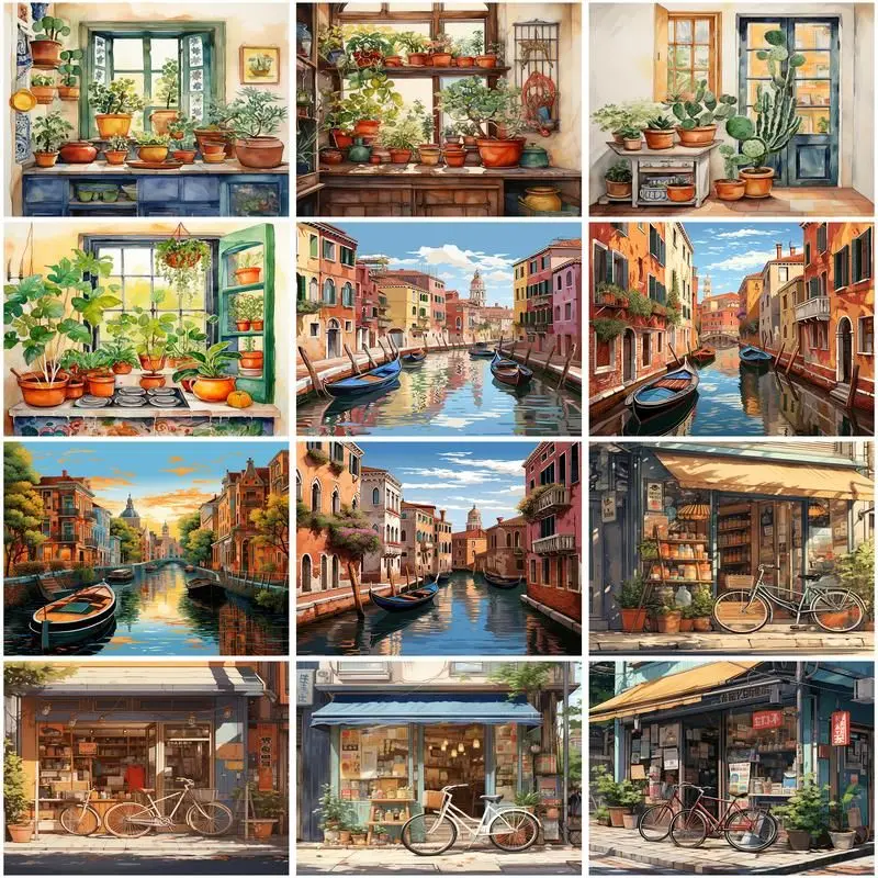 

CHENISTORY Coloring By Number Town Scenery Kits For Adults Handpainted DIY Frame Oil Painting By Number Home Decoration Gift