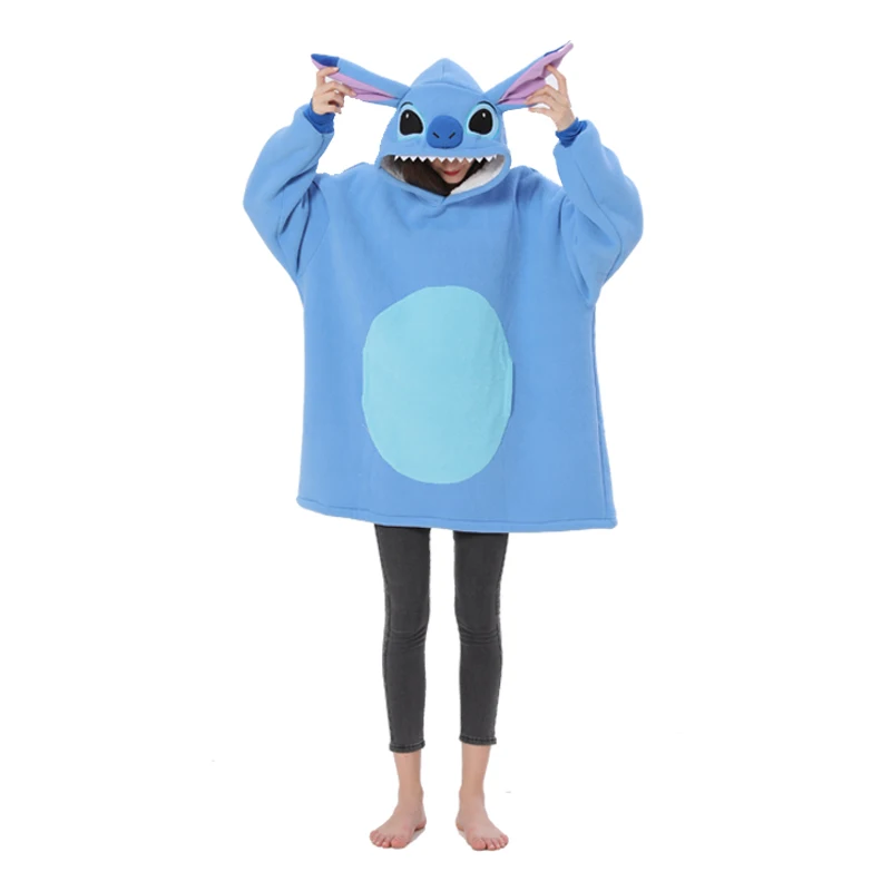 Cartoon Stitch Winter Hooded Kawaii Animal Blanket Women Oversized Clothes With Sleeves Large Pocket Warm Soft Thick TV Hoodie